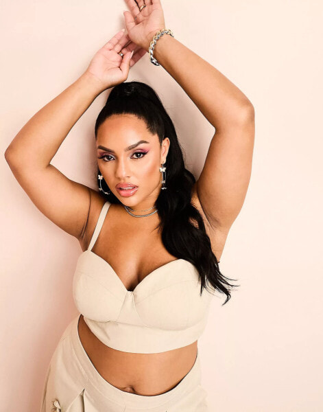 ASOS LUXE Curve – Bustier in Steinbeige mit Körbchen, Teil eines 3-teiligen Sets