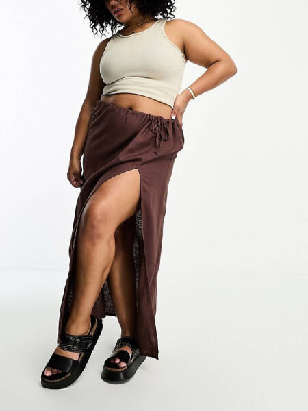 ASOS DESIGN Curve linen maxi skirt with high split in chocolate