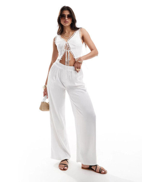 Aria Cove satin wide leg trousers co-ord in white