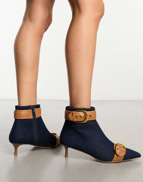 ASOS DESIGN Riley buckled kitten heel boots in blue denim