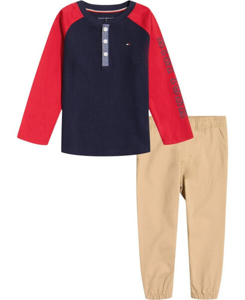 Baby Boys Long Sleeve Colorblock Henley T-shirt and Sueded Twill Joggers, 2 Piece Set