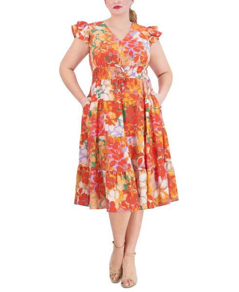 Plus Size Printed V-Neck Flutter-Cap-Sleeve Dress