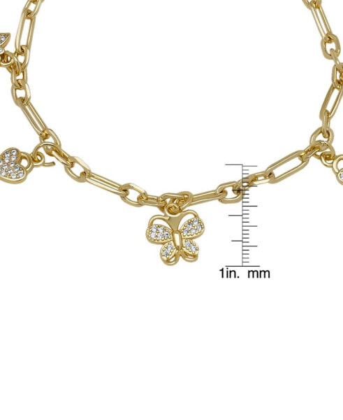 14K Gold Plated Cubic Zirconia Butterfly and Hearts Charm Bracelet