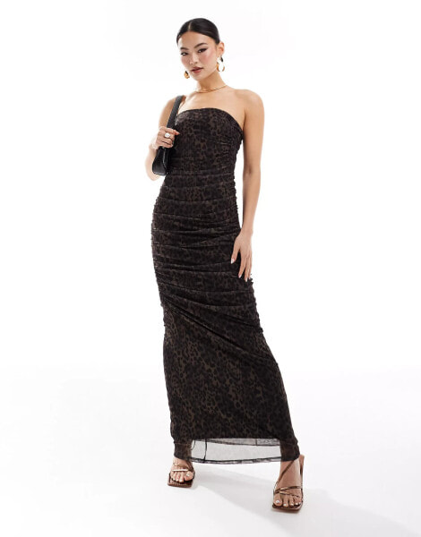 ASOS DESIGN mesh bandeau ruched maxi dress in leopard print