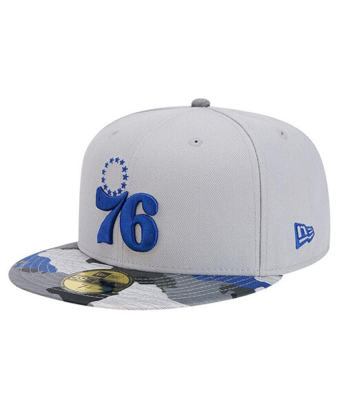 Головной убор мужской New Era шапка с козырьком Philadelphia 76ers 59FIFTY серого цвета с активным камуфляжем.