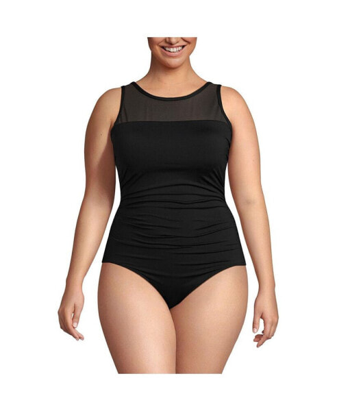 Plus Size Chlorine Resistant Smoothing Control Mesh High Neck One Piece Swimsuit