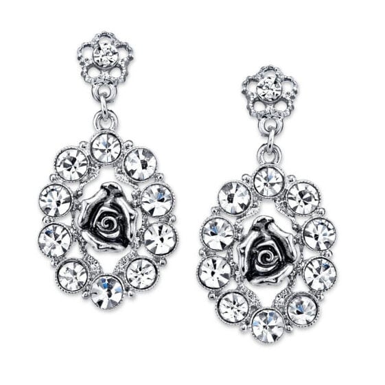 Silver-Tone Crystal Oval Flower Drop Earrings