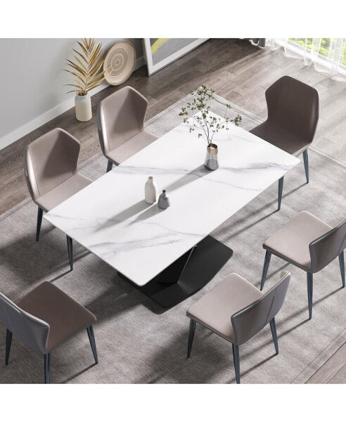 63-Inch Modern Artificial Stone White Straight Edge Black Metal X-Leg Dining Table -6 People