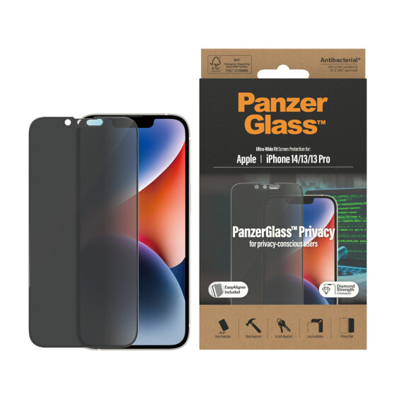 PanzerGlass ™ Privacy Screen Protector Apple iPhone 14 | 13 | 13 Pro | Ultra-Wide Fit w. EasyAligner - Apple - Apple - iPhone 14 - Apple - iPhone 13 - Apple - iPhone 13 Pro - Dry application - Scratch resistant - Shock resistant - Anti-bacterial - Transparent - 1 pc(