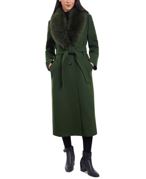 Women's Faux-Fur-Collar Belted Coat