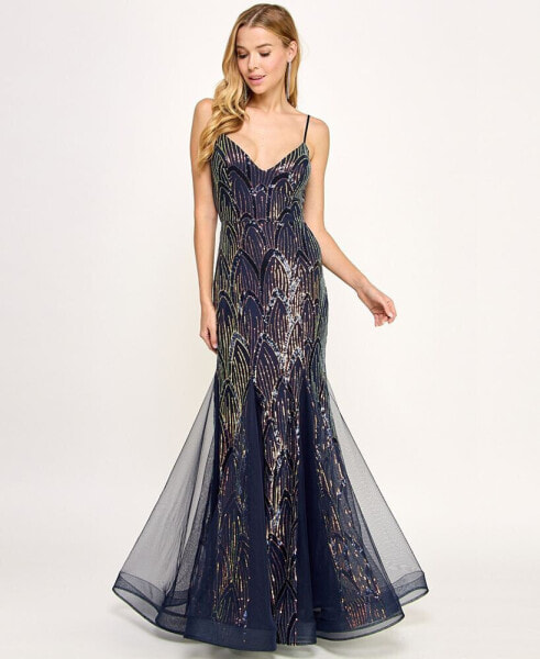 Juniors' Sequin-Pattern Mesh Mermaid Gown, Created for Macy's