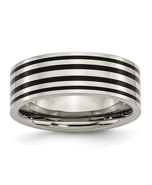 Titanium Polished Black Enamel Striped Flat Wedding Band Ring