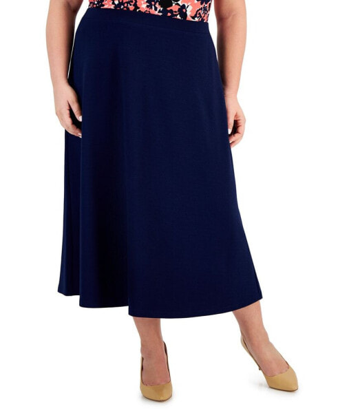 Plus Size Solid Pull-On Seamed Midi Skirt