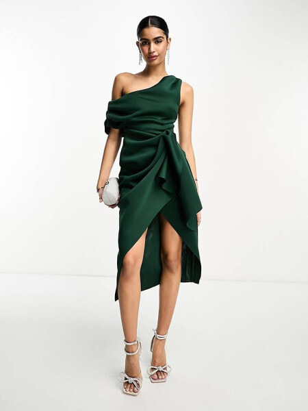 Вечернее платье ASOS - Зеленое миди-платье с опущенным плечом и деталями в складку