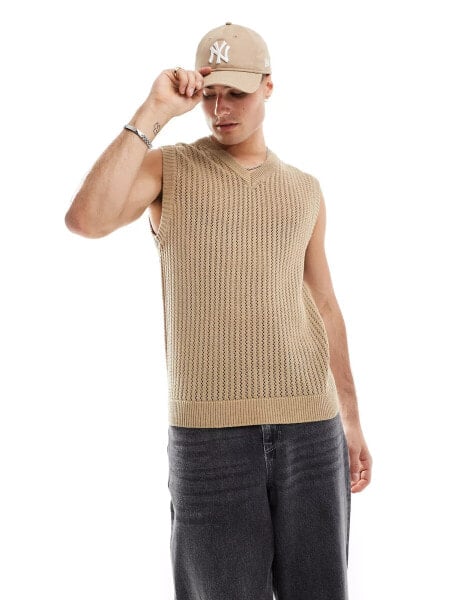 ONLY & SONS v neck open knit vest in beige