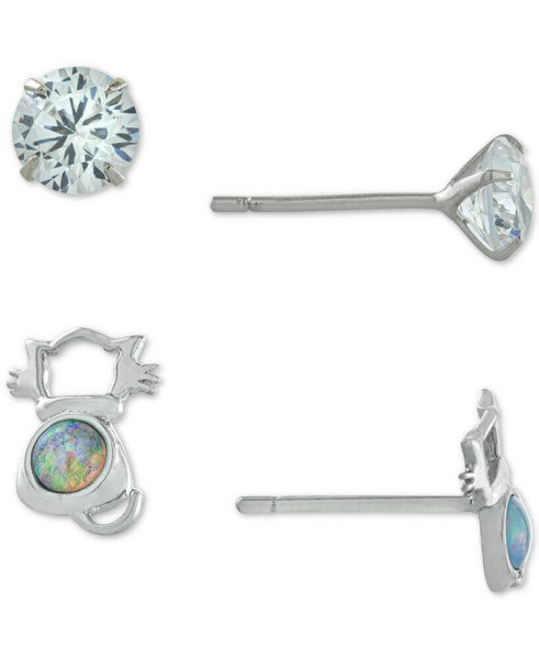 2-Pc. Set Cubic Zirconia & Simulated Opal Cat Stud Earrings in Sterling Silver, Created for Macy's