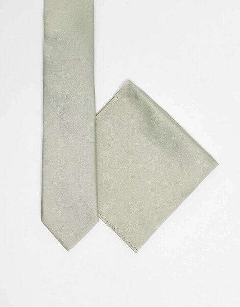 ASOS DESIGN tie and pocket square in dark sage green