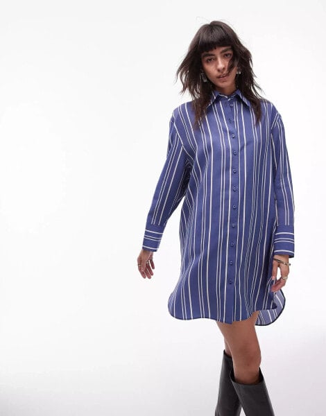 Topshop mini shirt dress with step hem in blue stripe