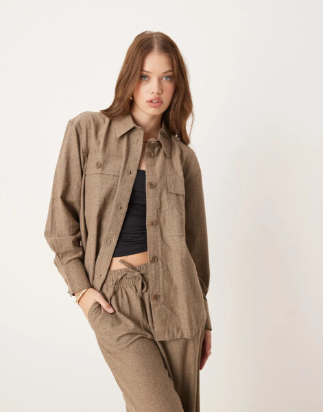 JDY utility pocket shirt co-ord in brown heringbone