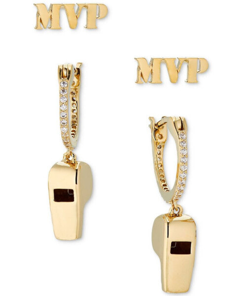 18k Gold-Plated 2-Pc. Set MVP Stud & Whistle Charm Pavé Hoop Earrings