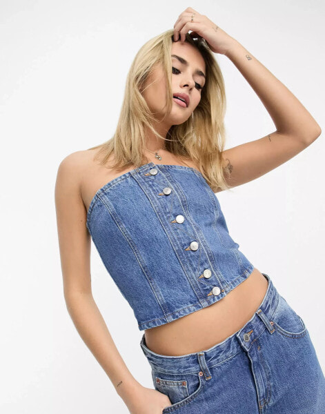 Pull&Bear bandeau denim corset co-ord in indigo wash