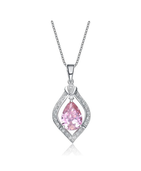 Sterling Silver White Gold Plated with Pink Teardrop and White Cubic Zirconia Pendant