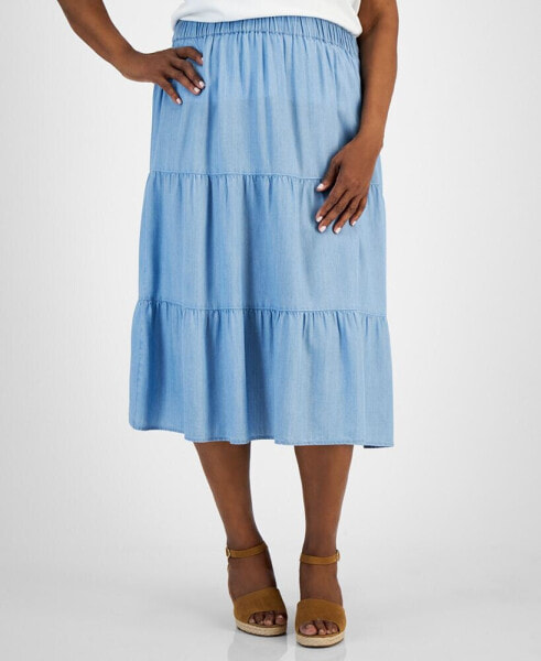 Plus Size Tiered Pull-On Midi Skirt, Created for Macy's