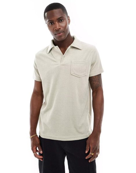 Brave Soul towelling polo shirt in stone