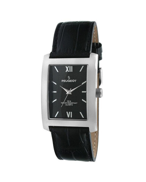 Men's 30X40mm Silver Tank Shape Watch with Black Dial and Black Leather Strap