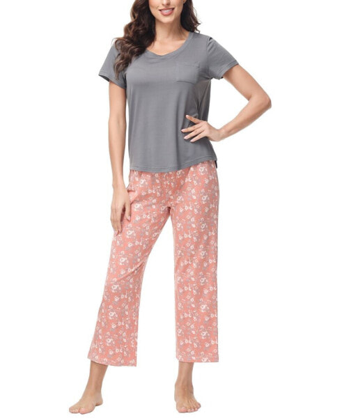 Women's 2 Piece Short Sleeve Top with Cropped Wide Leg Pants Pajama Set