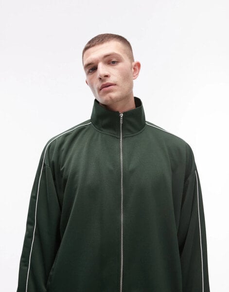 Topman oversized fit full zip through sweatshirt co-ord with double piping detail in sporty green