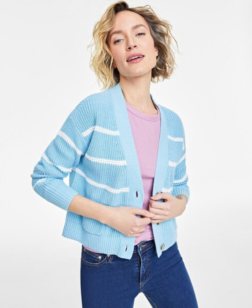 Women's Striped Patch-Pocket V-Neck Cardigan, Created for Macy's