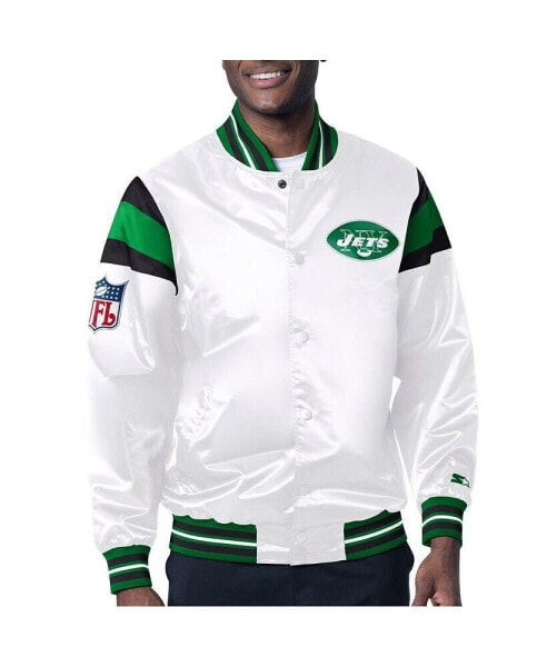 Men's White, Green Distressed New York Jets Vintage-Like Satin Full-Snap Varsity Jacket