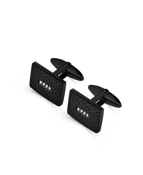 Stainless Steel Rectangle Checkered Design w/ CZ Cuff Links - Black Plated