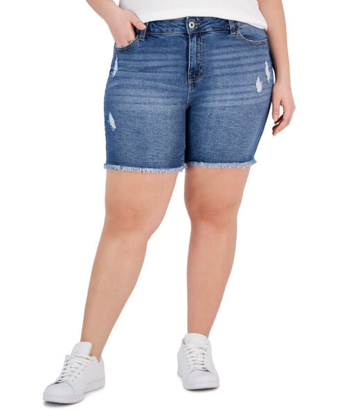 Trendy Plus Size Frayed Bermuda Denim Shorts