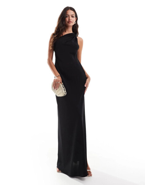 Mango one shoulder split side maxi dress in black