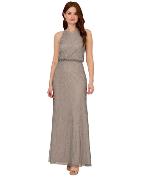 Women's Beaded Blouson Halter Gown