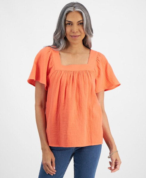 Petite Cotton Square-Neck Raglan-Sleeve Top, Created for Macy's