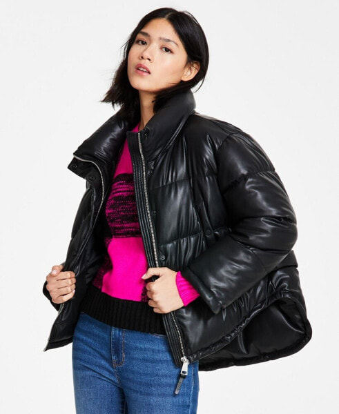 Women's Faux-Leather High-Low Hem Puffer Jacket