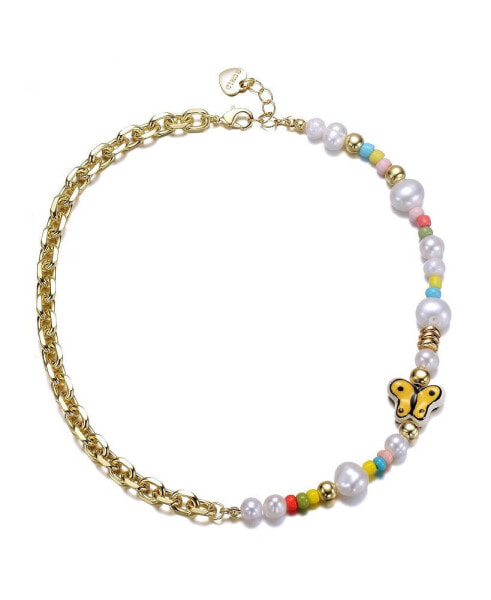 14k Yellow Gold Plated Multi Color Beads Necklace with Freshwater Pearls and a Butterfly Charm for Kids