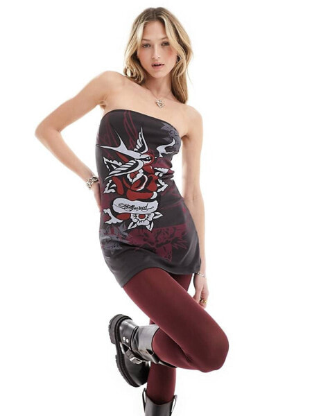 Ed Hardy mini dress with swallow rose print