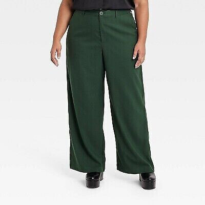 Women's High-Rise Wide Leg Trouser Pants - Ava & Viv Green 28