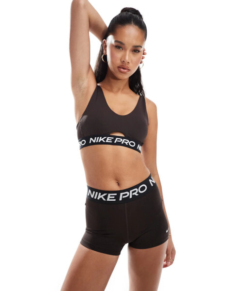 Nike Training Pro Indy medium support plunge sports bra in brown