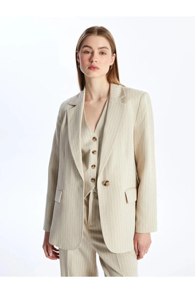 LCW Vision Çizgili Uzun Kollu Keten Karışımlı Kadın Blazer Ceket