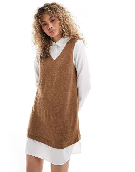 JDY 2 in 1 shirt jumper dress in brown