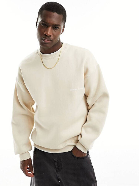 Selected Homme oversized boxy crew neck sweatshirt in beige 