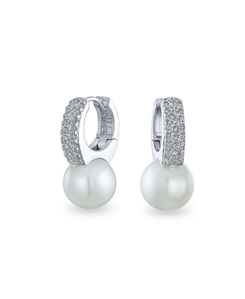 Elegant Modern CZ Pave Encrusted White Simulated Pearl Mini Hoop Drop Huggie Earrings For Women