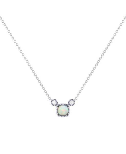 Cushion Cut Opal Gemstone, Natural Diamond 14K White Gold Birthstone Necklace