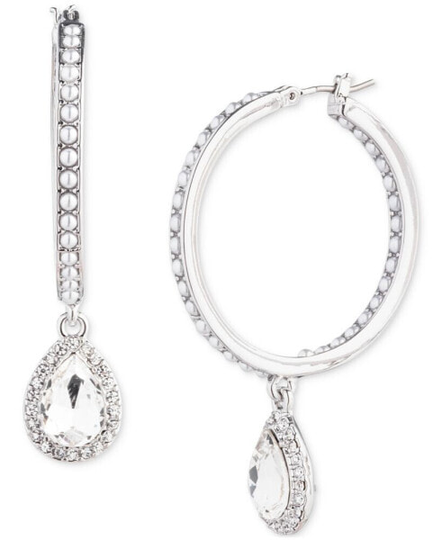 Silver-Tone Pear-Shape Crystal Halo Charm Imitation Pearl Hoop Earrings