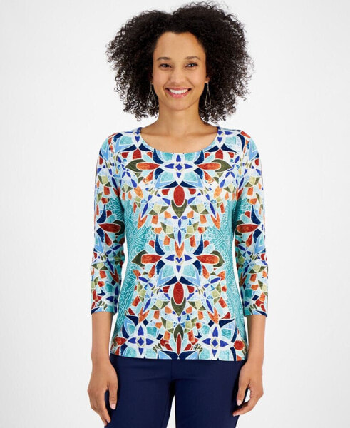 Petite Glamorous Glass Jacquard Printed 3/4-Sleeve Top, Created for Macy's